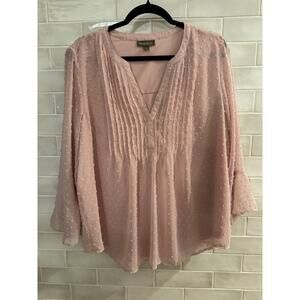Style & Co Large Light Pink Blouse Sheer Dot Long Sleeve Pintuck Front